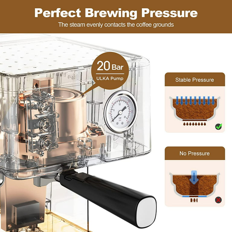 Geek Chef Espressomaskin Kaffebryggare, 20 bars pumptryck Espresso & Cappuccino Latte Maker med ESE POD Filter & mjölkskummare Ångstav & Tryckmätare, 1,5L Vattentank, Rostfritt stål