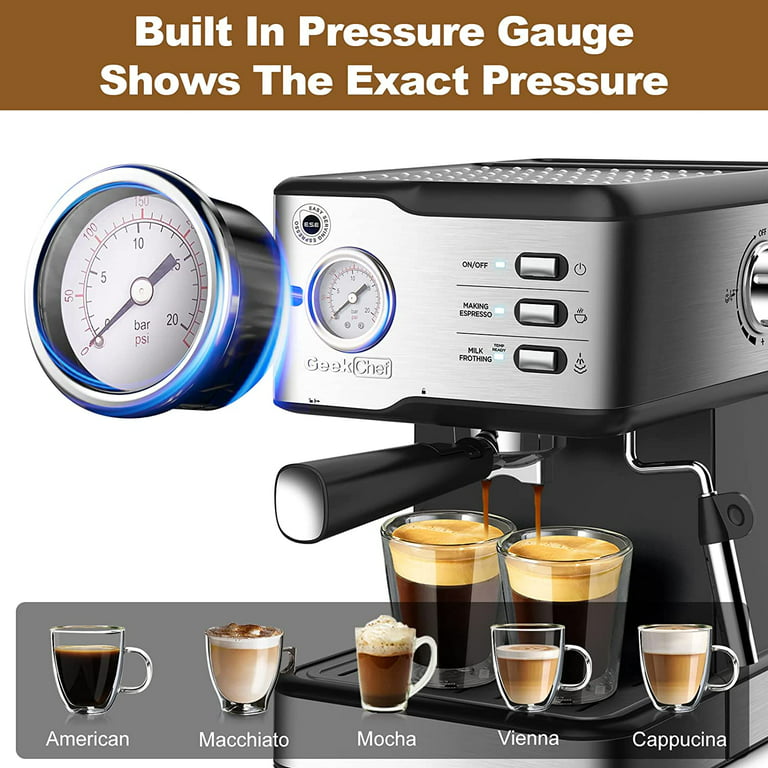 Geek Chef Espressomaskin Kaffebryggare, 20 bars pumptryck Espresso & Cappuccino Latte Maker med ESE POD Filter & mjölkskummare Ångstav & Tryckmätare, 1,5L Vattentank, Rostfritt stål