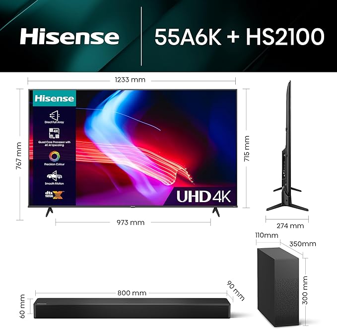 Hisense 4K UHD TV A6K och HS2100 med 240W Max Audio och trådlös subwoofer &EZ Play