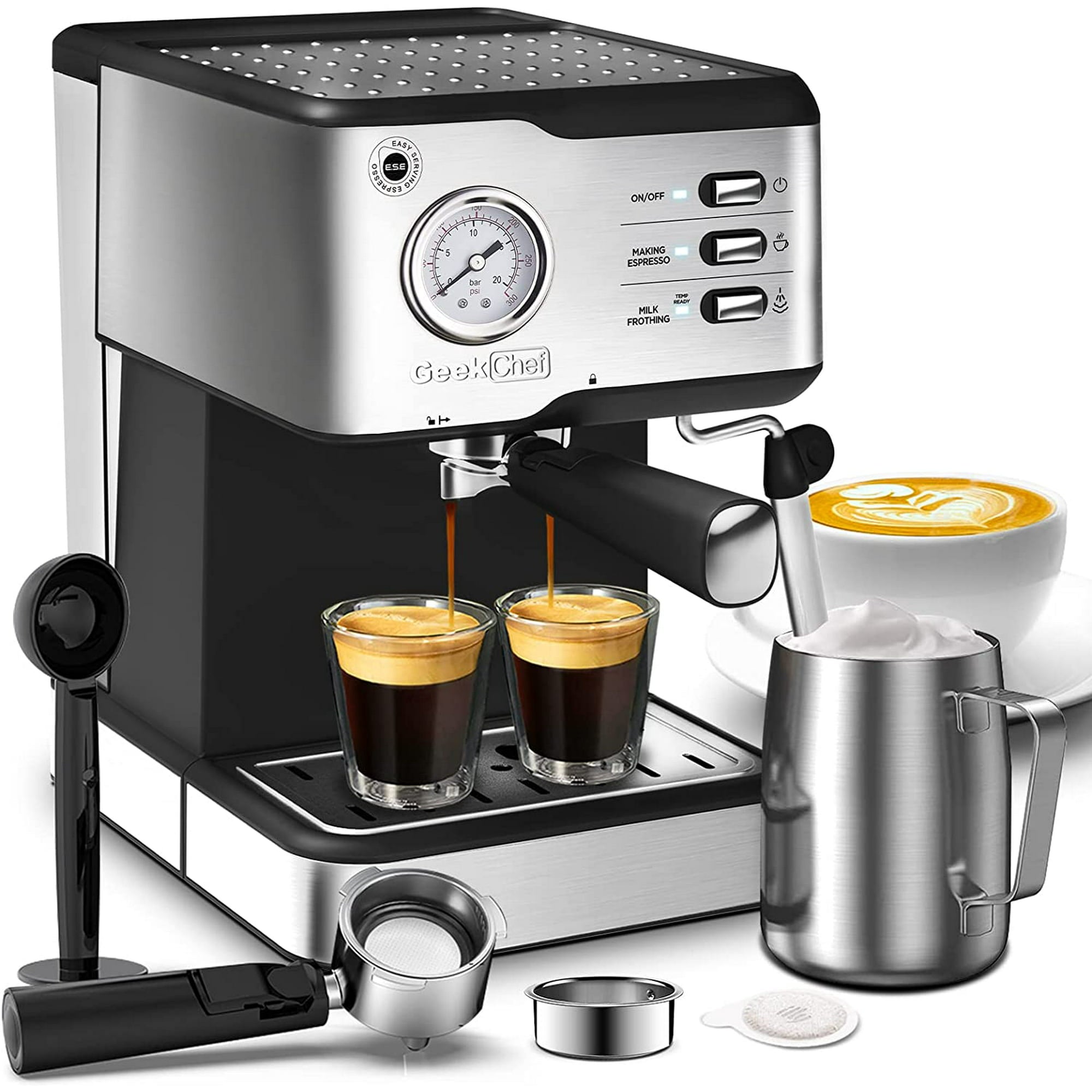 Geek Chef Espressomaskin Kaffebryggare, 20 bars pumptryck Espresso & Cappuccino Latte Maker med ESE POD Filter & mjölkskummare Ångstav & Tryckmätare, 1,5L Vattentank, Rostfritt stål