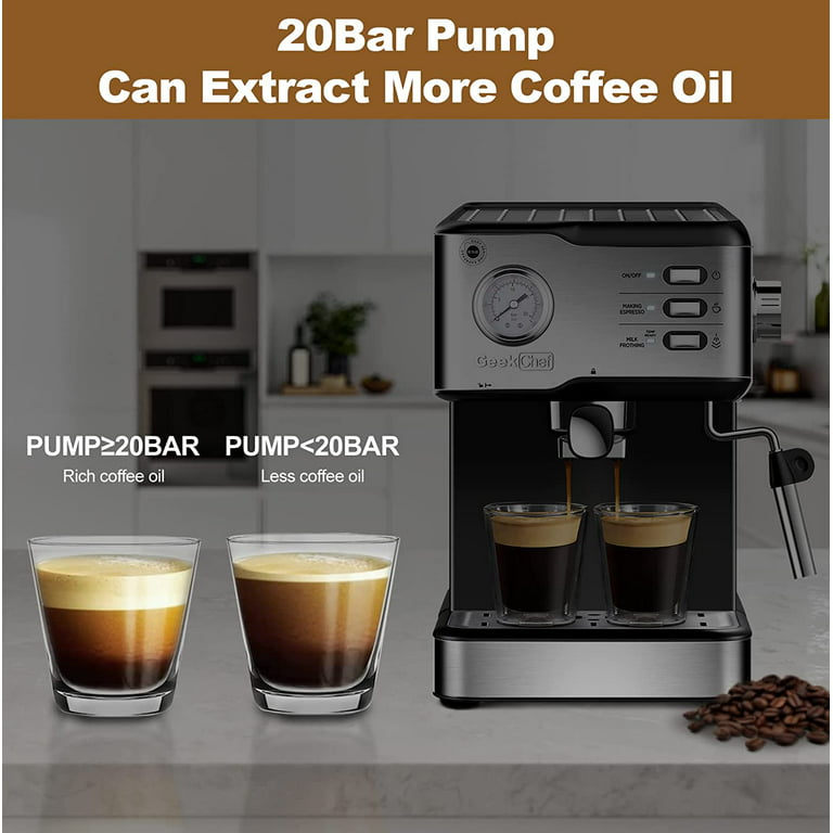 Geek Chef Espressomaskin Kaffebryggare, 20 bars pumptryck Espresso & Cappuccino Latte Maker med ESE POD Filter & mjölkskummare Ångstav & Tryckmätare, 1,5L Vattentank, Rostfritt stål