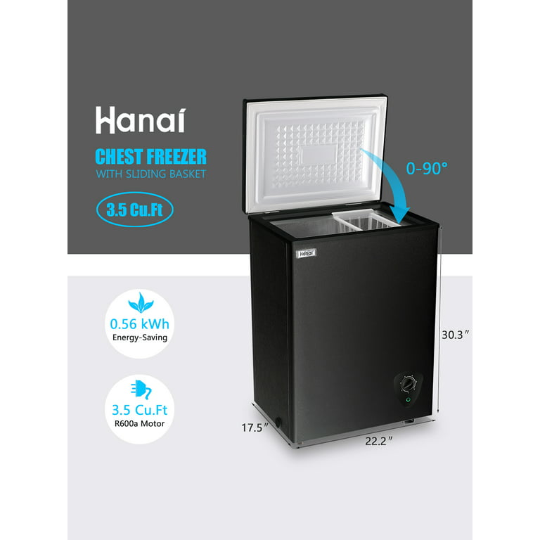 Kummin 3,5 cu.ft Kompakt frys Frysskåp Fristående WANAI Toppdörrsfrys Justerbar 7 termostat och löstagbar korg, svart