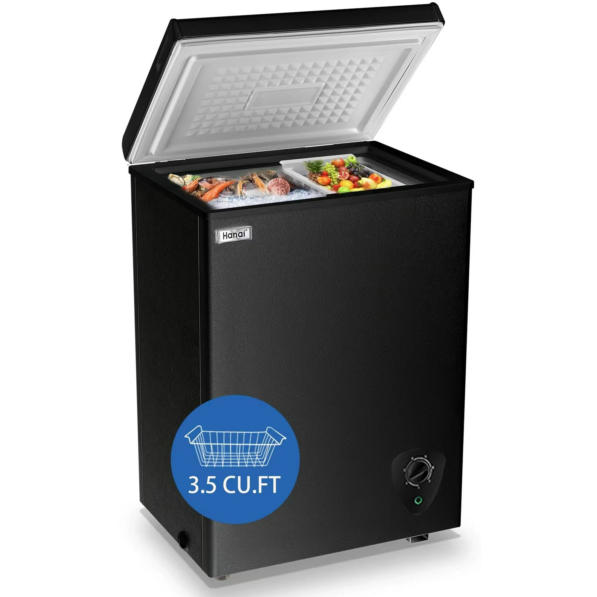 Kummin 3,5 cu.ft Kompakt frys Frysskåp Fristående WANAI Toppdörrsfrys Justerbar 7 termostat och löstagbar korg, svart