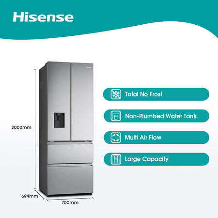 Hisense RF632N4WIF 70 cm fristående kyl/frys med fransk dörr och vattendispenser 70 × 200 × 69,4 cm (B×H×D),Grå [Energiklass F]